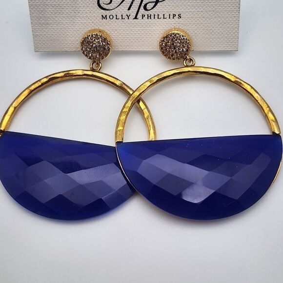 NWT Molly Phillips Bardot Gold Tone & Blue Dangling Half Hoop Earrings - Picture 2 of 3